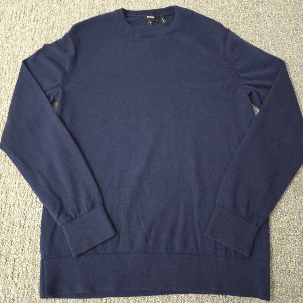 Theory Riland P Harman Mens M Navy Merino Wool Crewneck Sweater